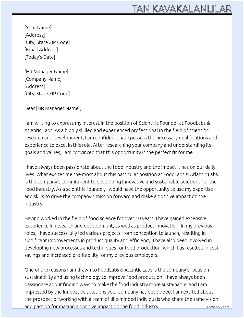 Scientific Founder At FoodLabs & Atlantic Labs Cover Letter