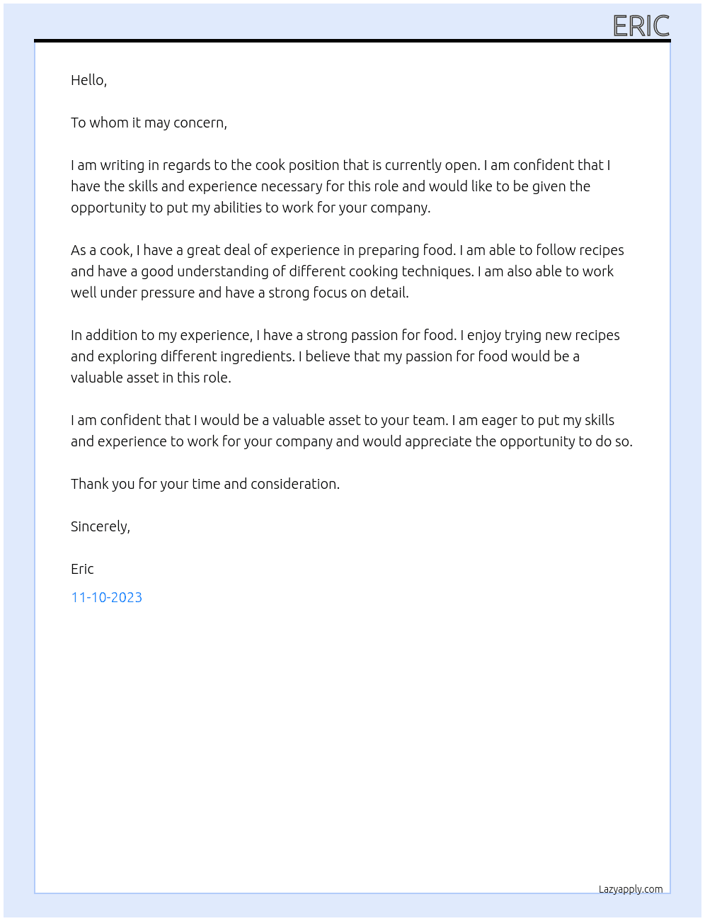 Cook At To whom it may concern  Cover Letter