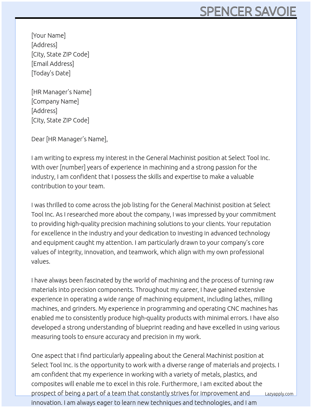 General Machinist At Select Tool Inc. Cover Letter