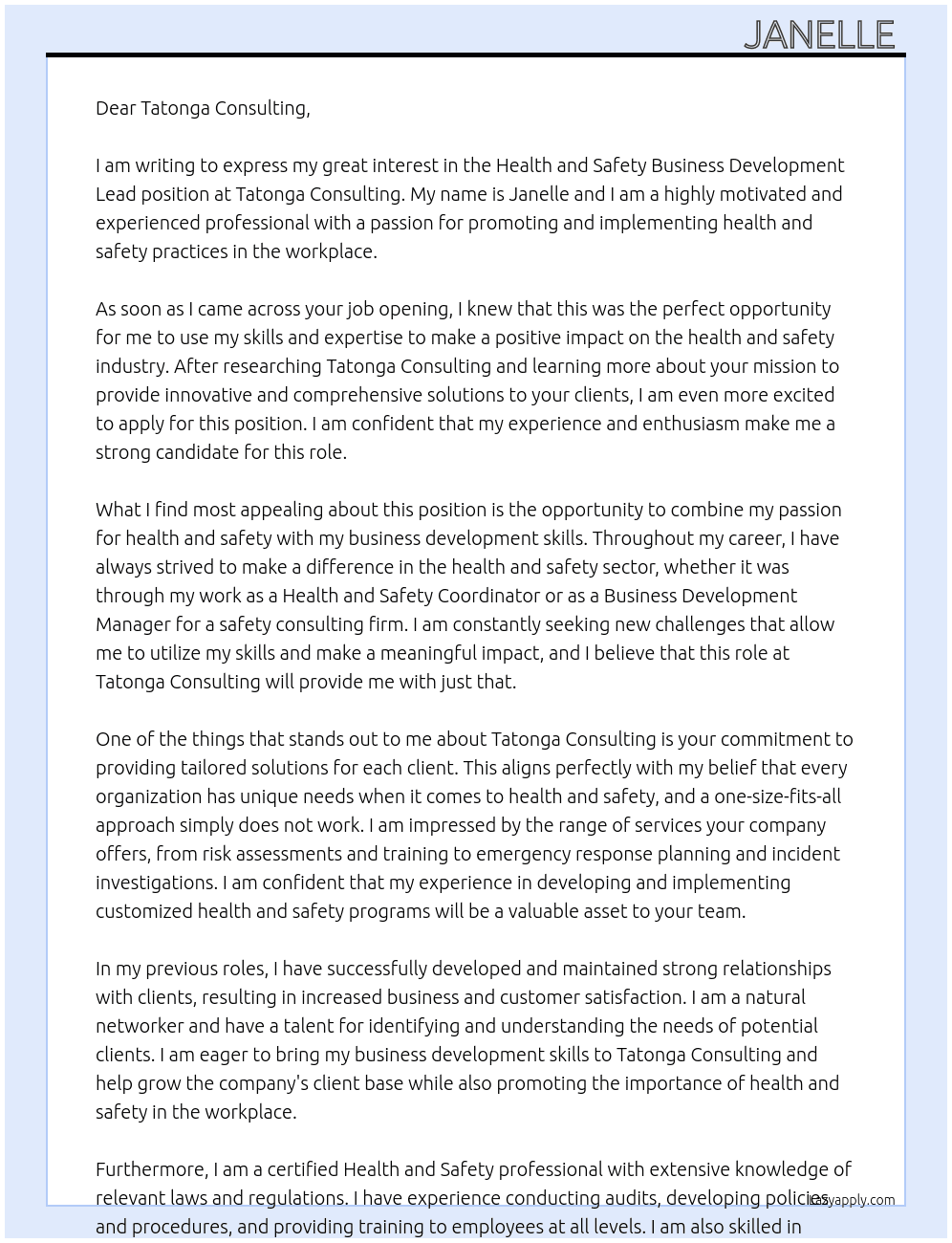 Health and Safety Business Development Lead At Tatonga Consulting Cover Letter