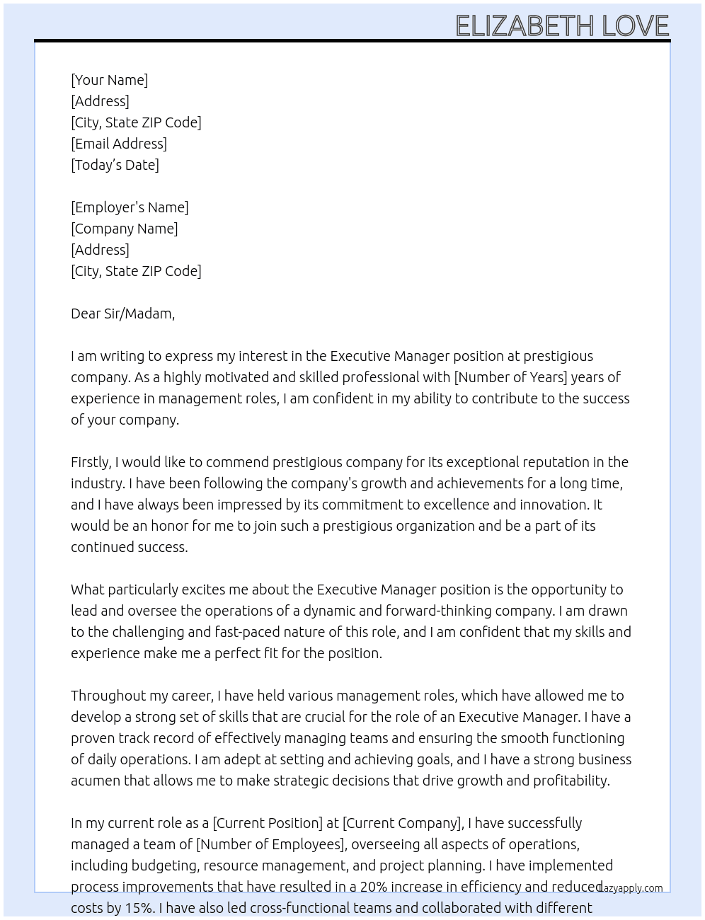 Executive Manager At prestigious company Cover Letter