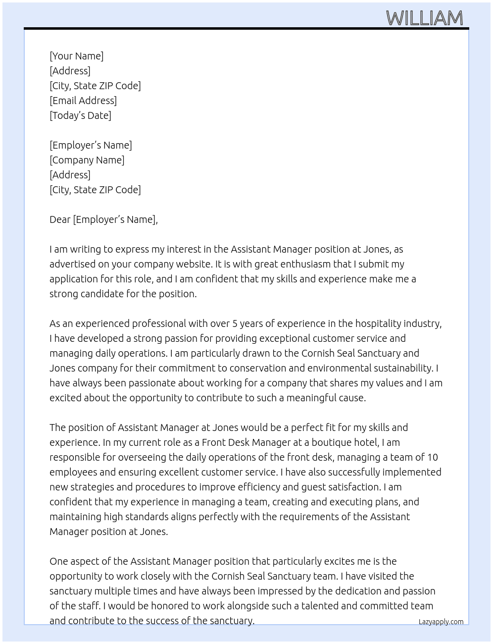 Assistant Manager At Jones Cover Letter