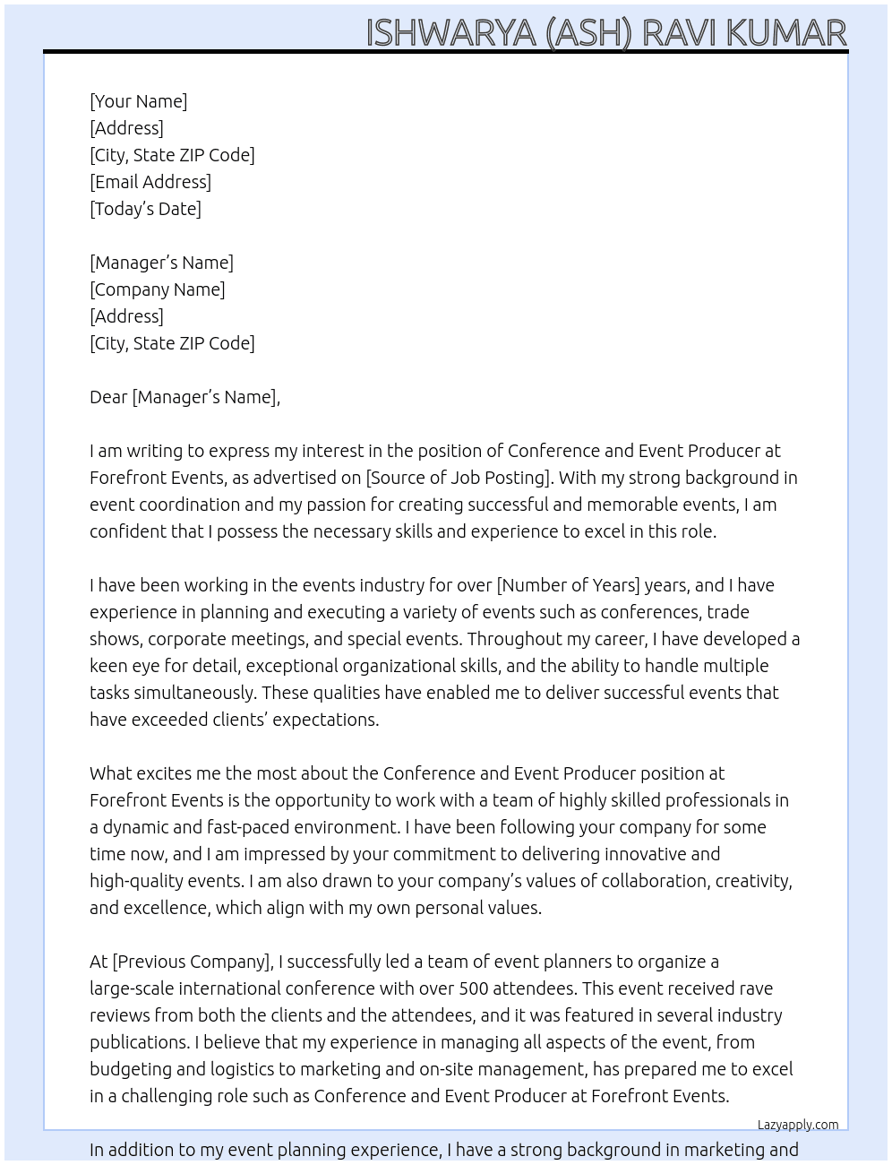 Cover letter for conference and event producer - LazyApply