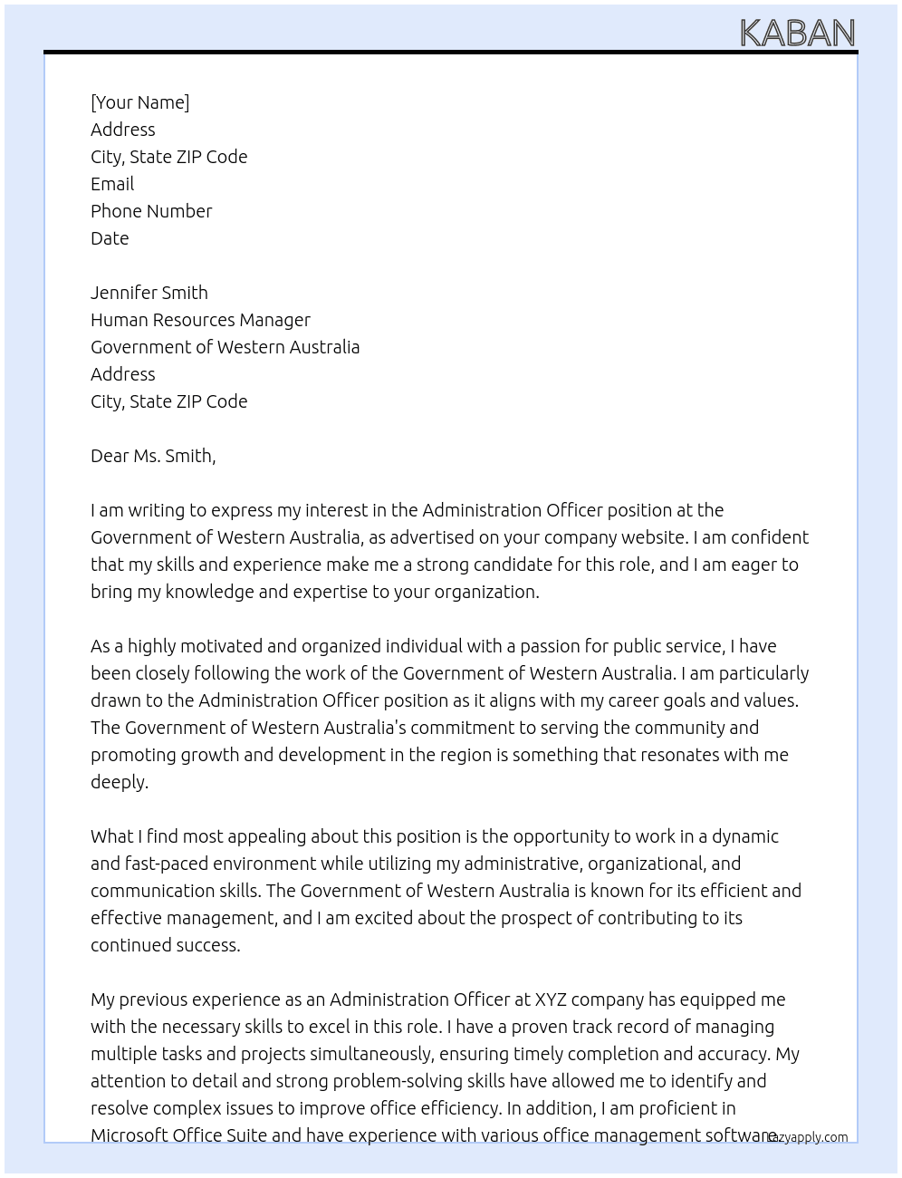 Administration Officer At Government of Western Australia Cover Letter