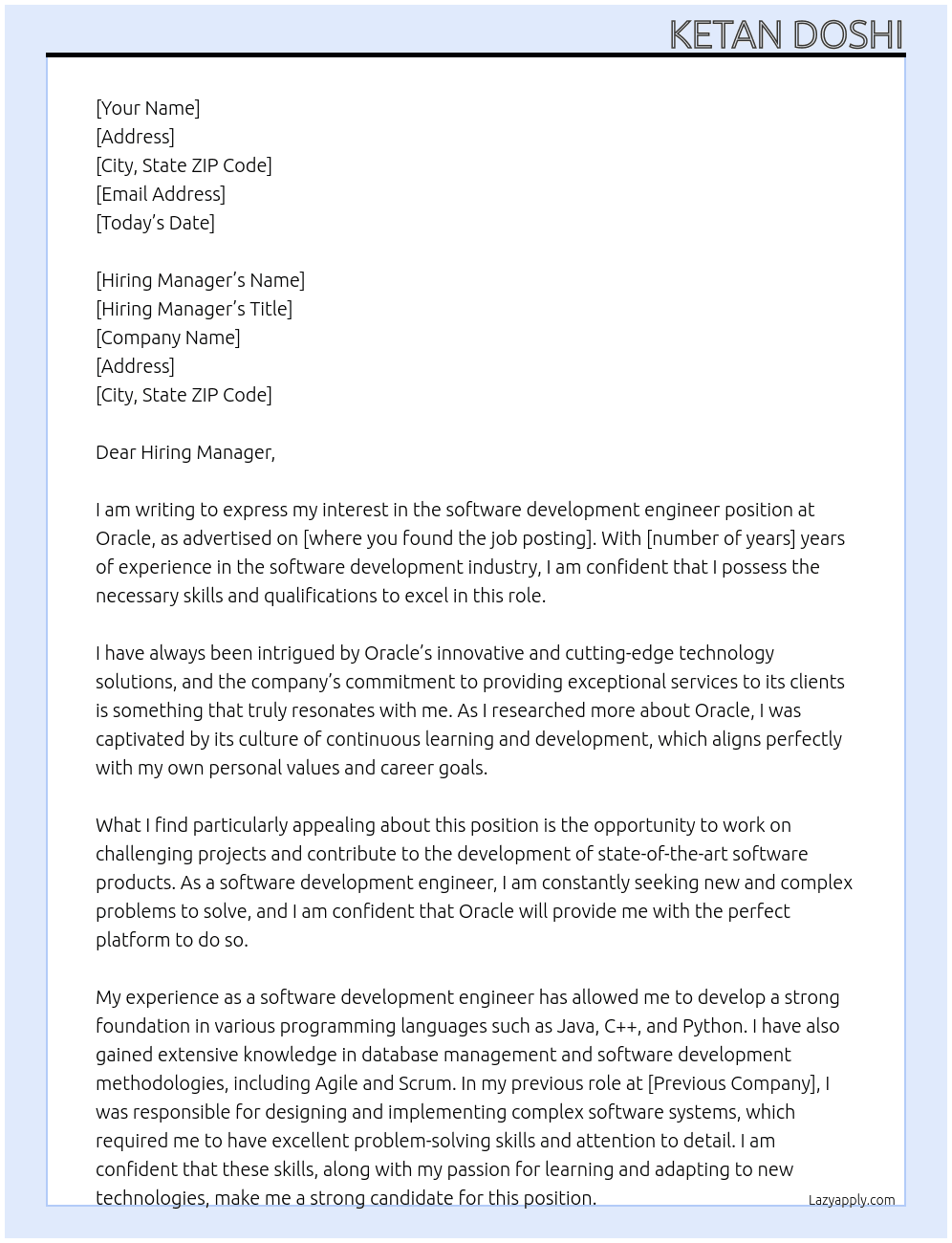 Software development engineer  At Oracle  Cover Letter