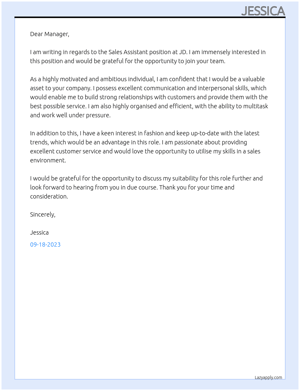 sales assistant At jd Cover Letter