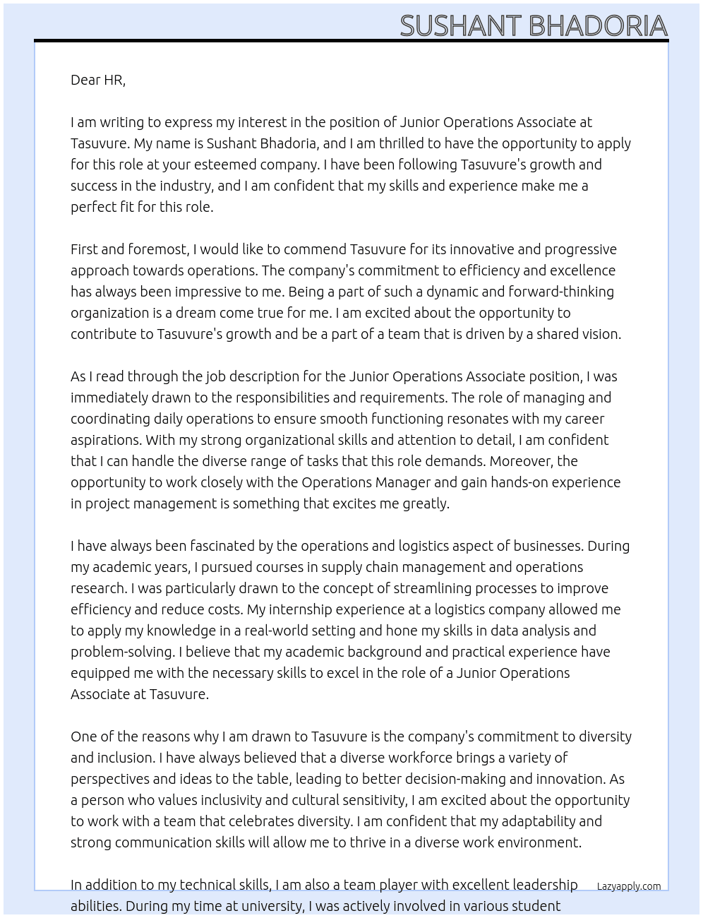 Cover letter for junior operations associate - LazyApply
