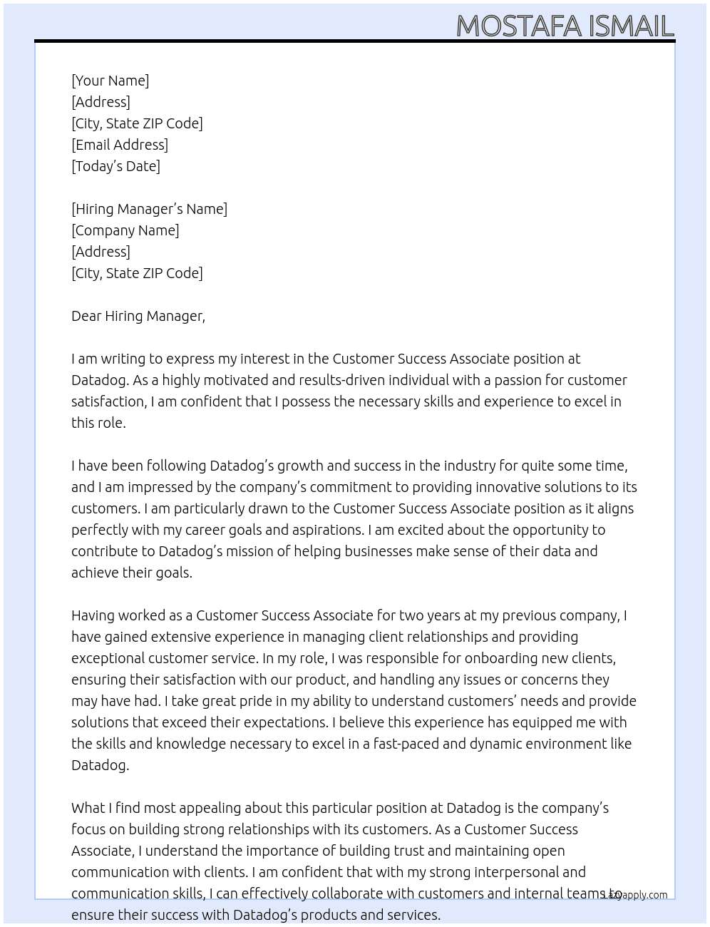Customer Success Associate  At Datadog Cover Letter