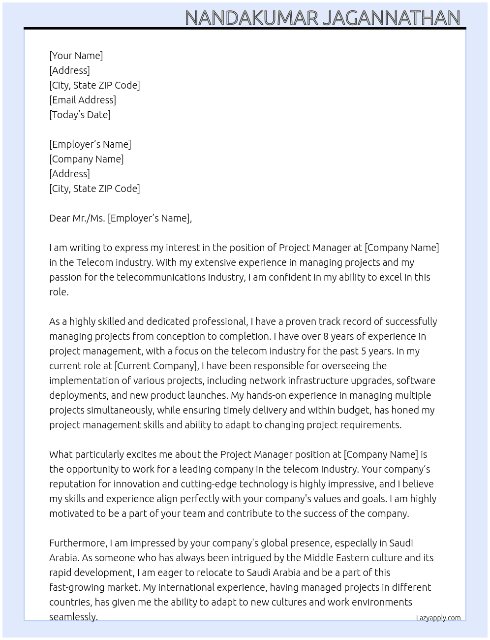 Project Manager  At Telecom industry  Cover Letter