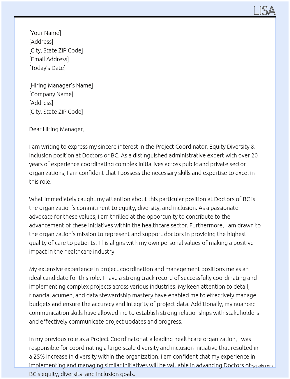 Project Coordinator, Equity Diversity & Inclusion At Doctors of BC Cover Letter