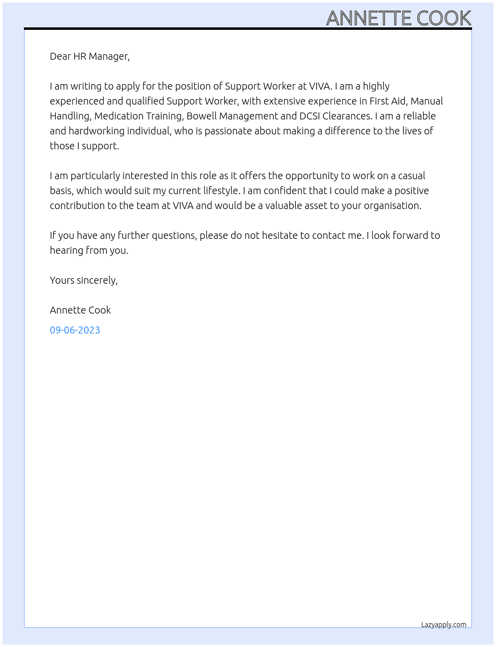 Support Worker  At VIVA  Cover Letter