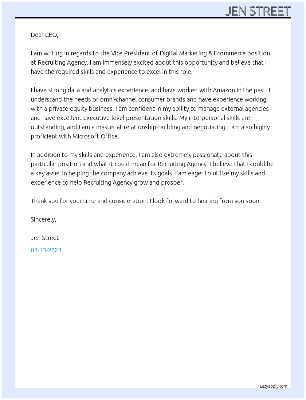Vice President of Digital Marketing & Ecommerce At Recruiting Agency Cover Letter