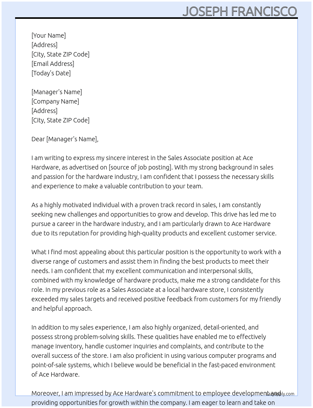 Sales Associate At Ace Hardware Cover Letter