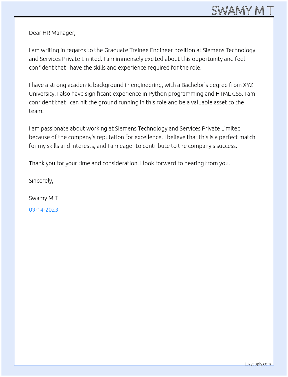 Graduate Trainee Engineer At Siemens Technology and Services Private Limited Cover Letter
