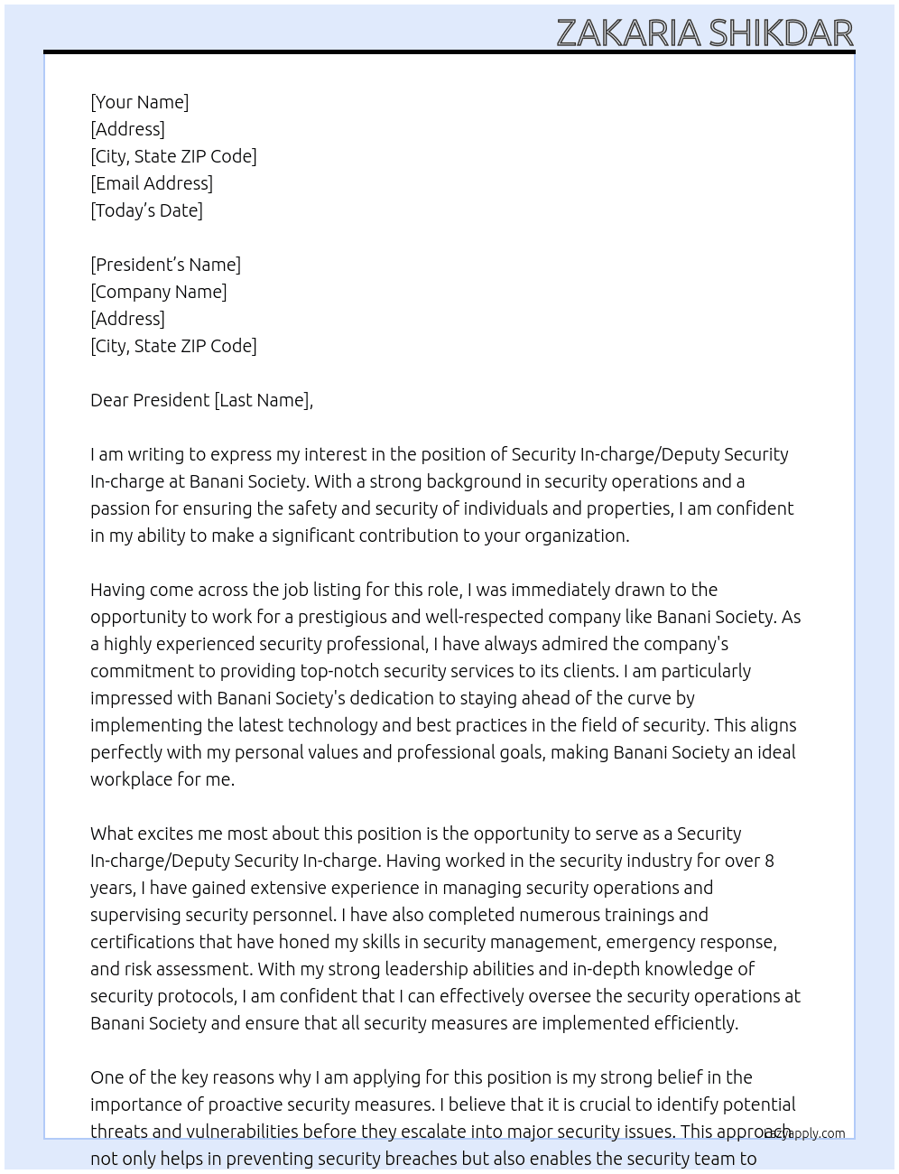 Security In-charge/Deputy Security In-charge At Banani Society Cover Letter