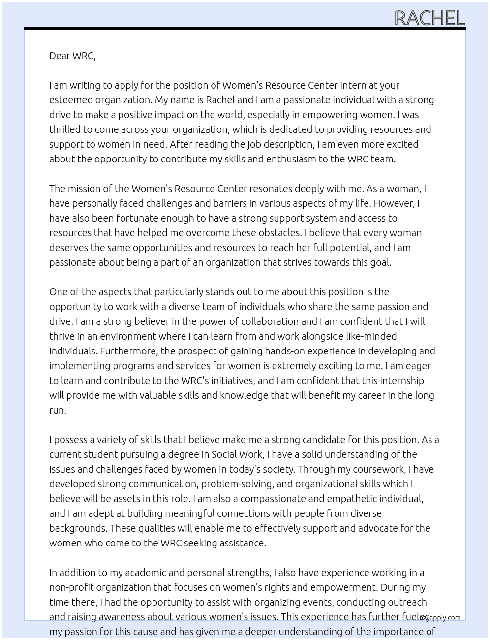 Women's Resource Center Intern At Women's Resource Center  Cover Letter