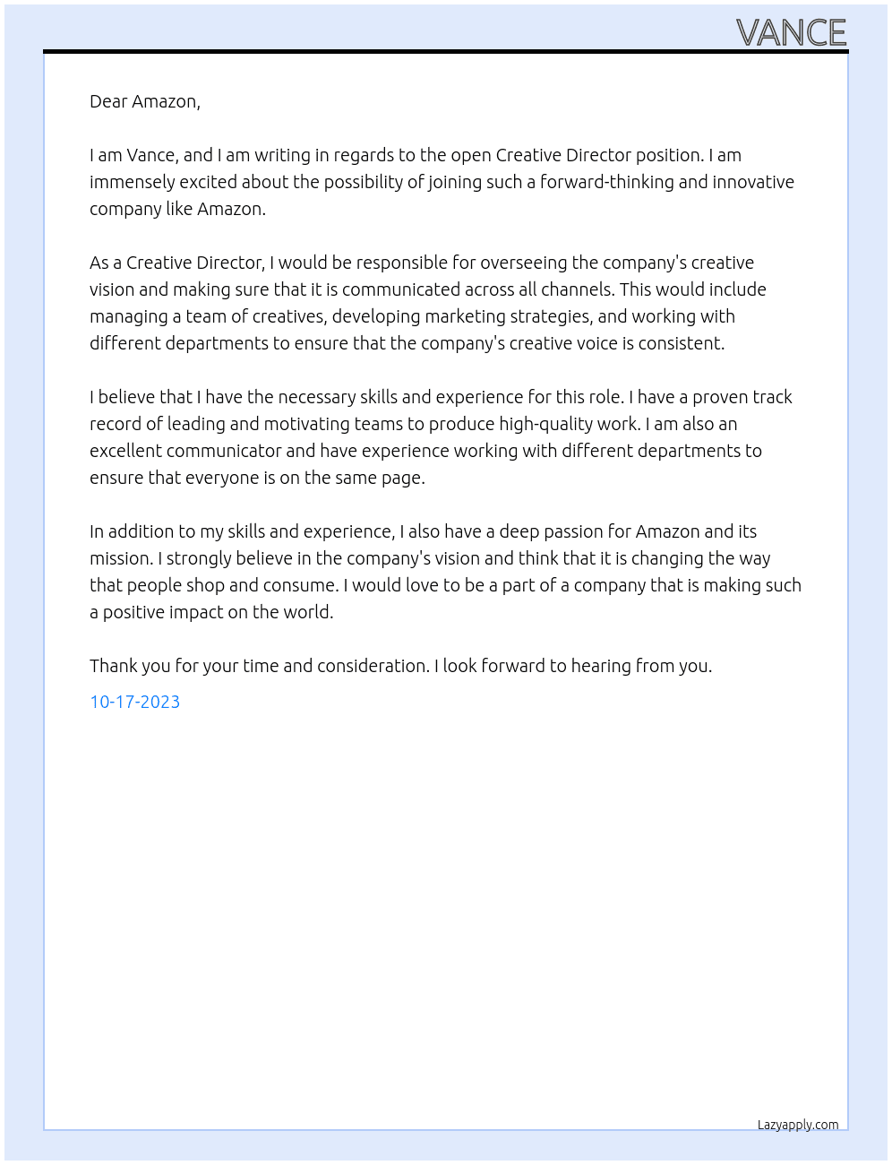Creative Director At  Amazon Cover Letter