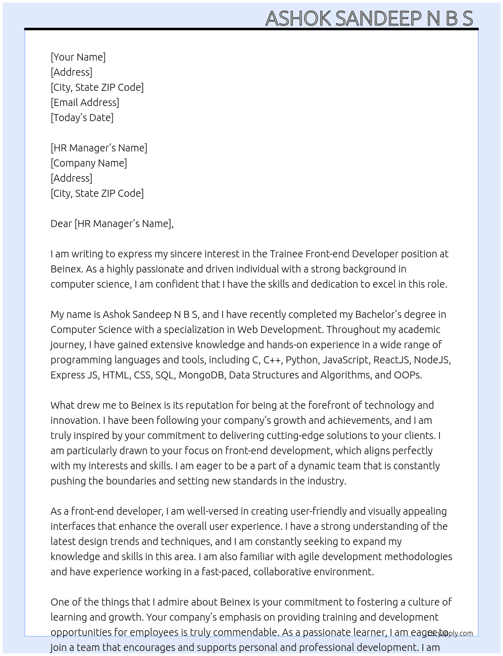 Trainee Front -end developer  At Beinex Cover Letter
