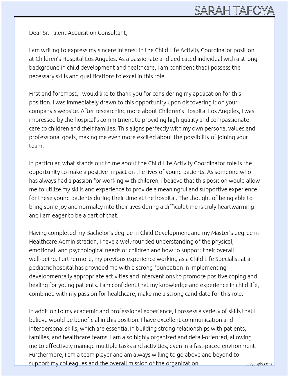 Child Life Activity Coordinator  At Children’s Hospital Los Angeles  Cover Letter