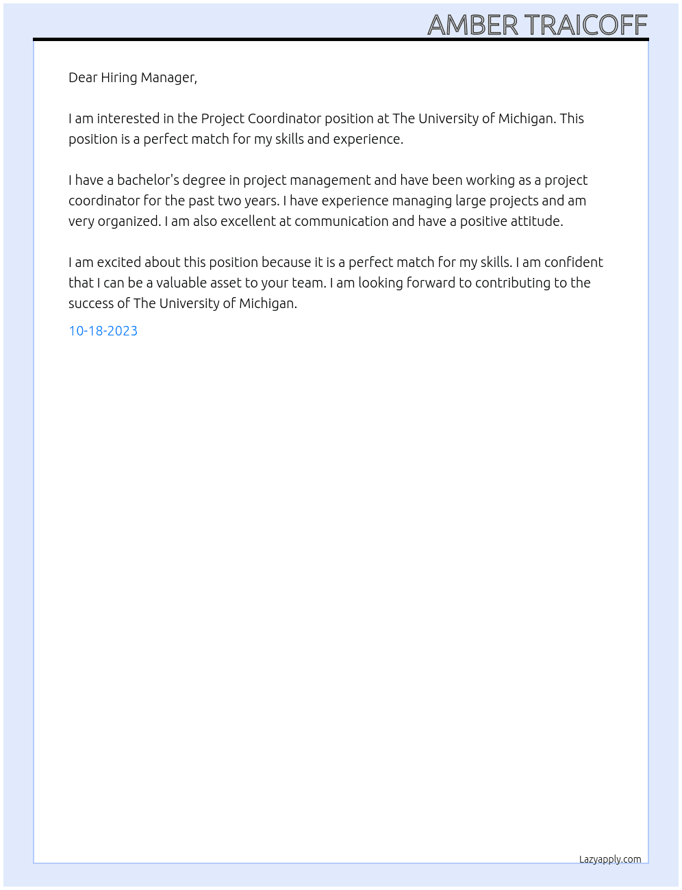 Project Coordinator At The University of Michigan Cover Letter