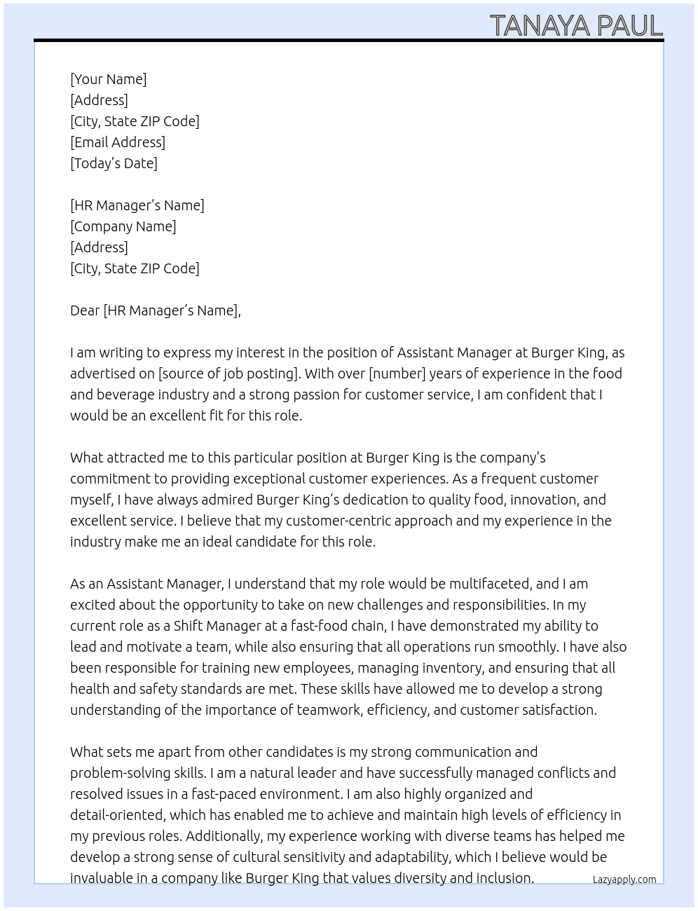 Assistant manager  At Burger King  Cover Letter