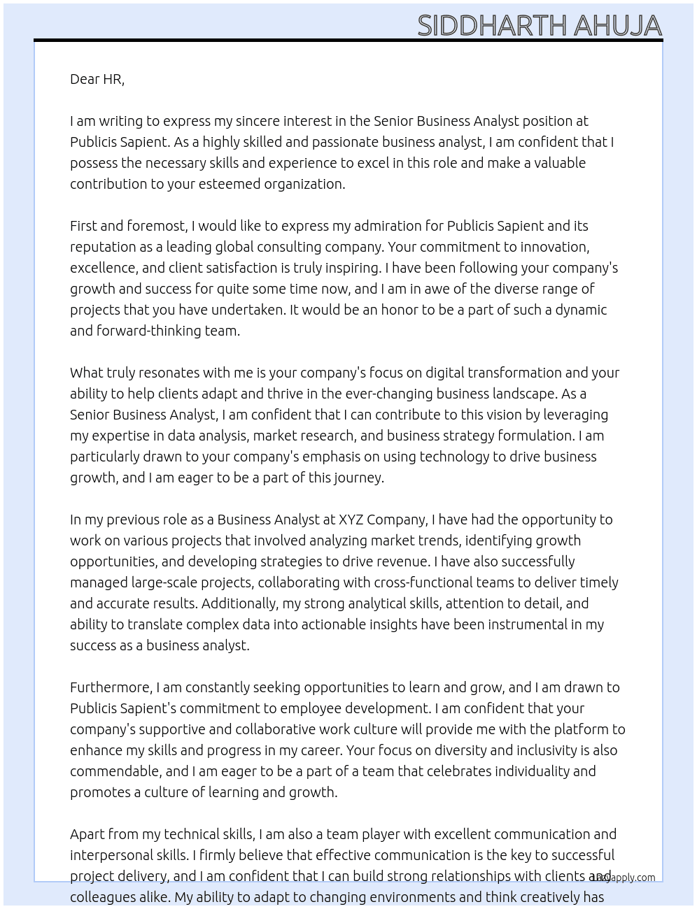 Senior Business Analyst At Publicis Sapient Cover Letter