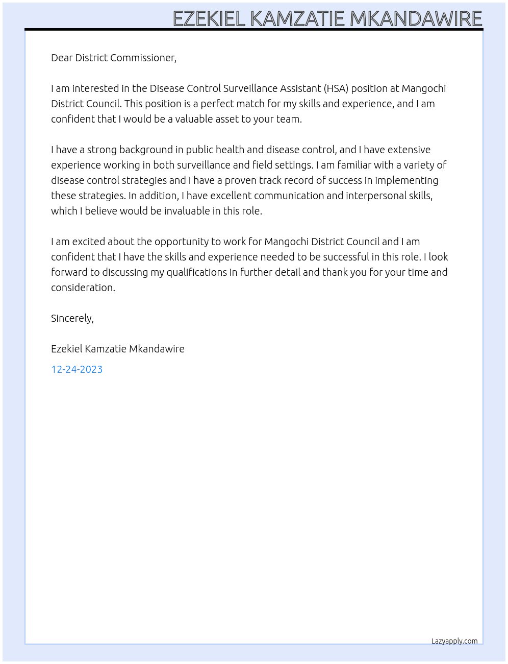 Disease Control Surveillance Assistant (HSA) Post (Grade M/M9) At Local government commission Cover Letter