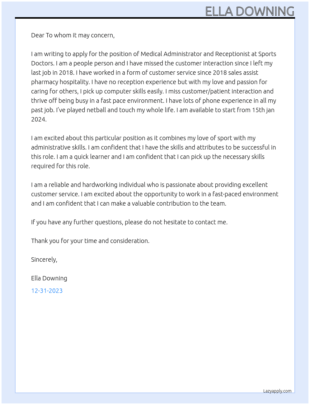 Medical Administrator and Receptionist At Sports Doctors Cover Letter