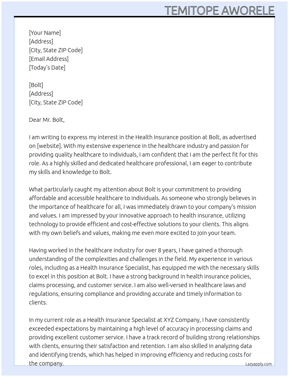 Health Insurance, salary advance At Bolt  Cover Letter