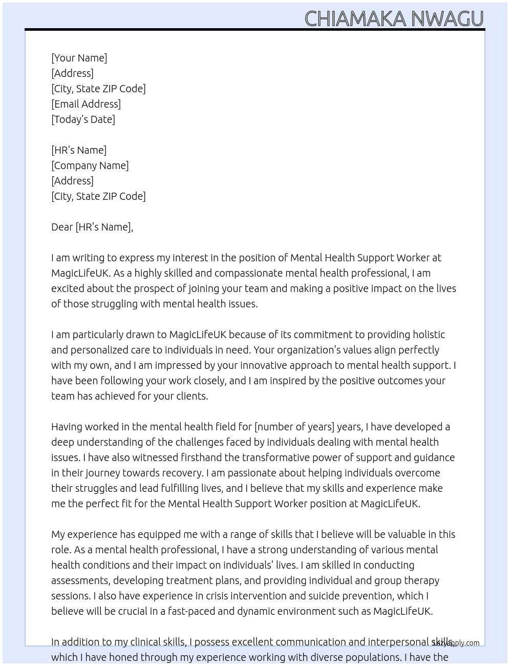 Mental Health Support Worker At MagicLifeUK Cover Letter