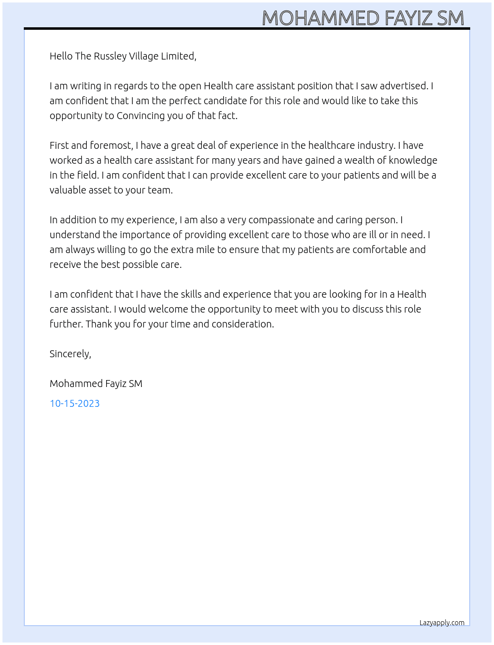 Health care assistant  At The Russley Village Limited Cover Letter