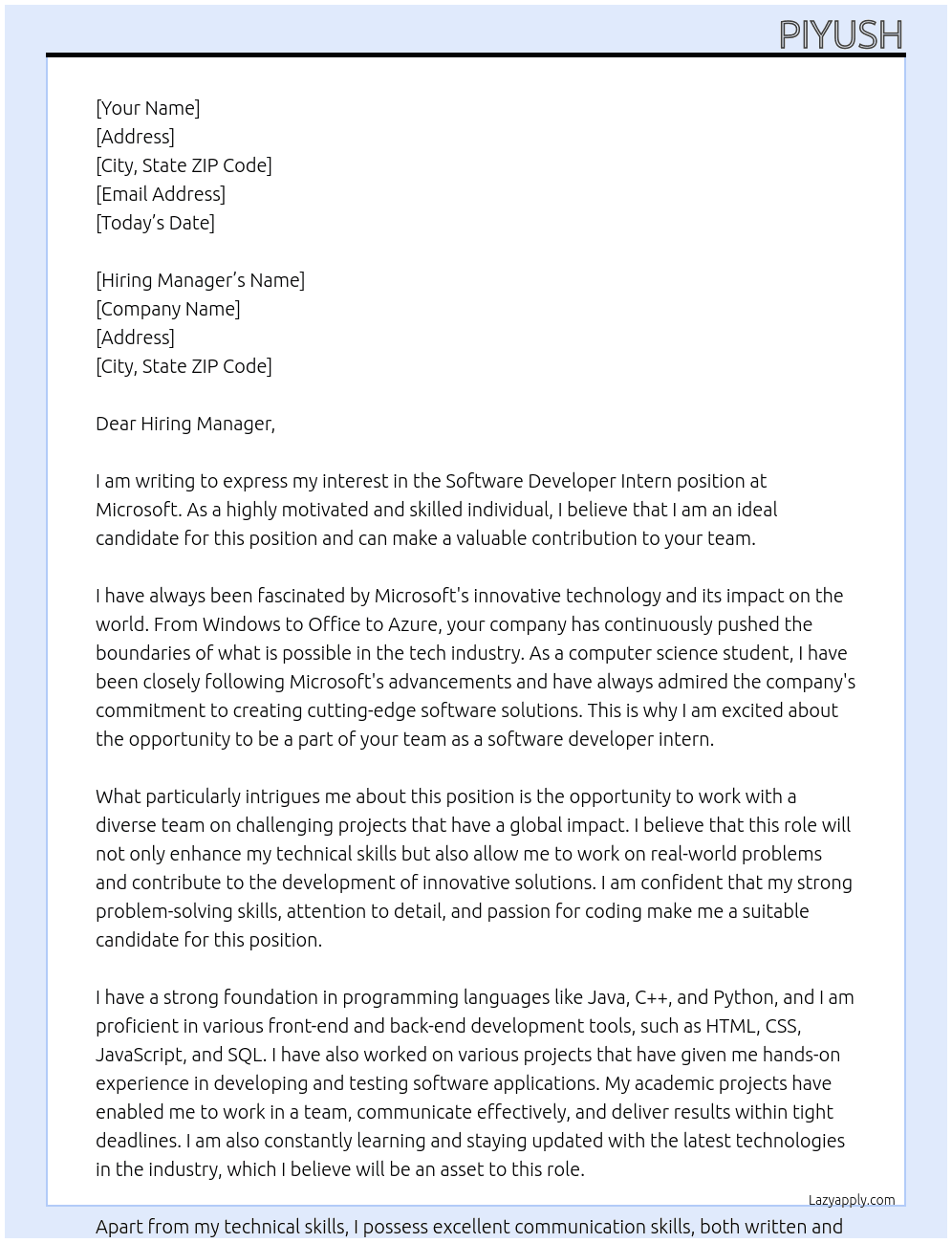 Software Developer Intern At Microsoft Cover Letter