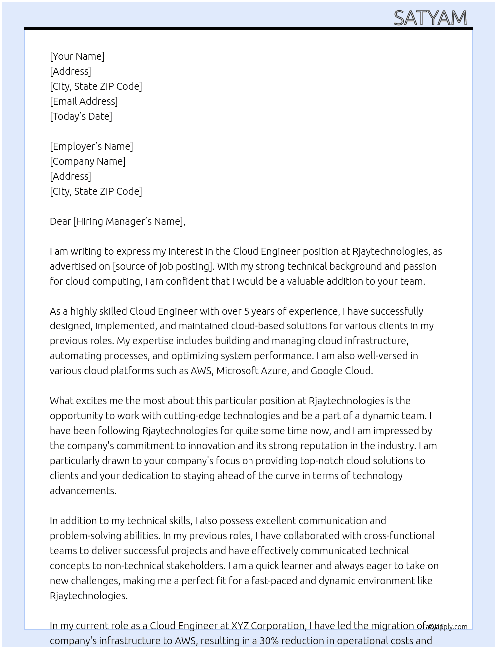Cloud enginee At Rjaytechnologies Cover Letter