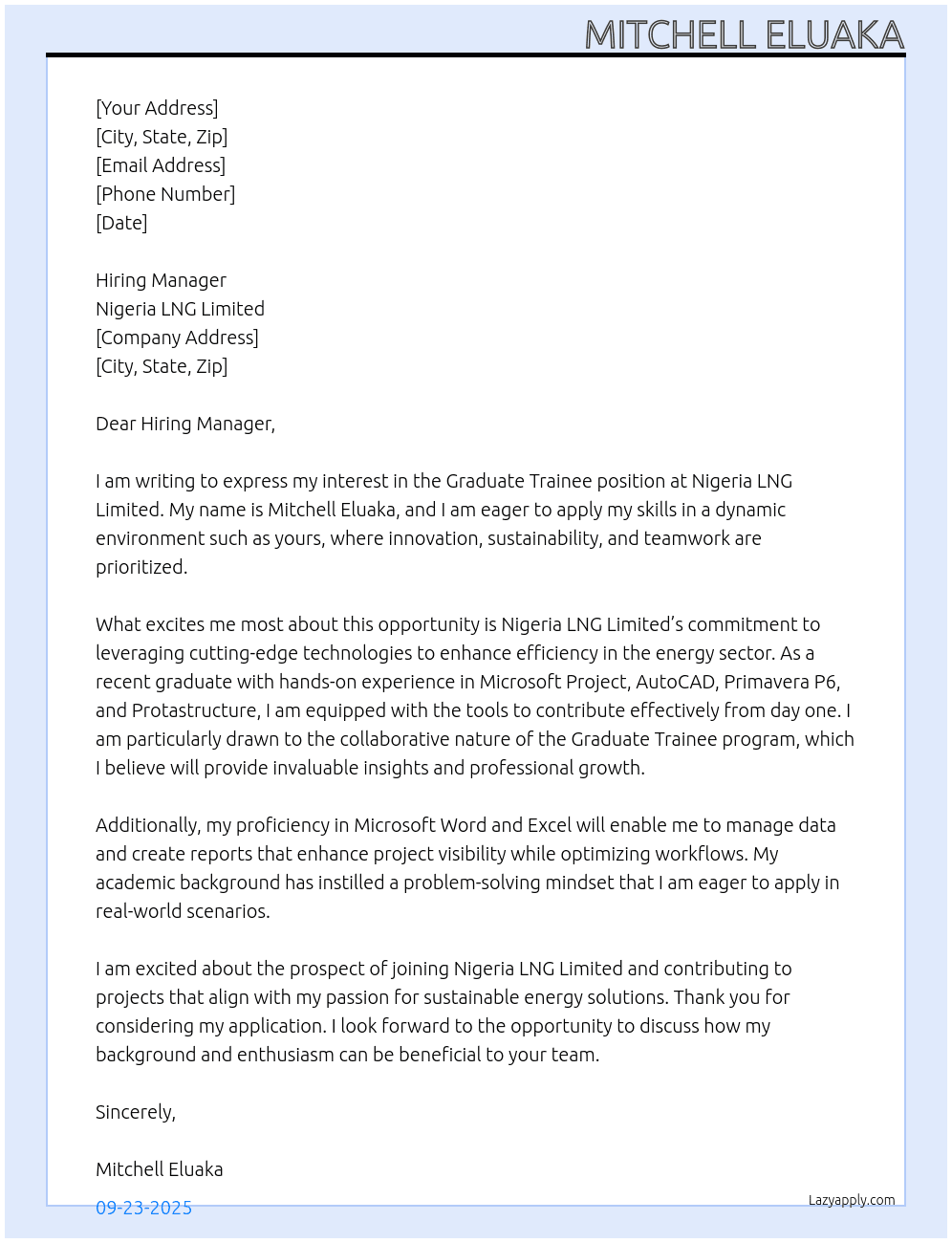 Graduate Trainee At Nigeria LNG Limited Cover Letter