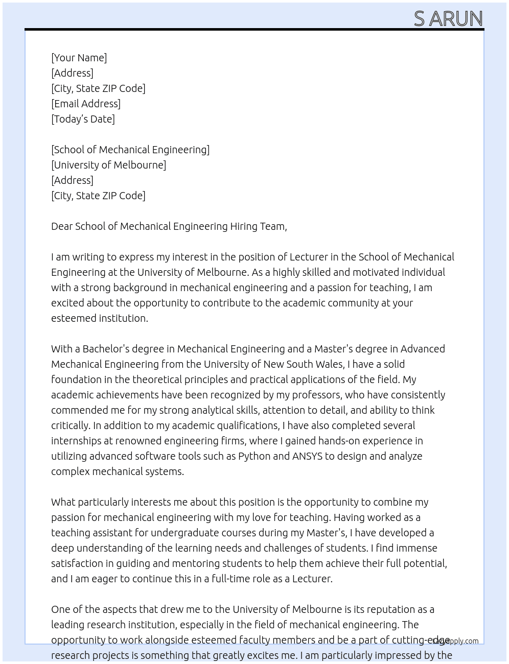 Lecturer At University of Melbourne Cover Letter