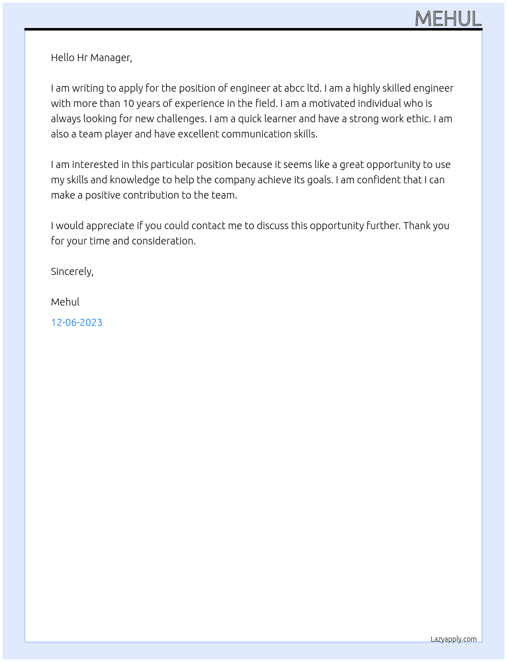 engineer At abcc ltd Cover Letter