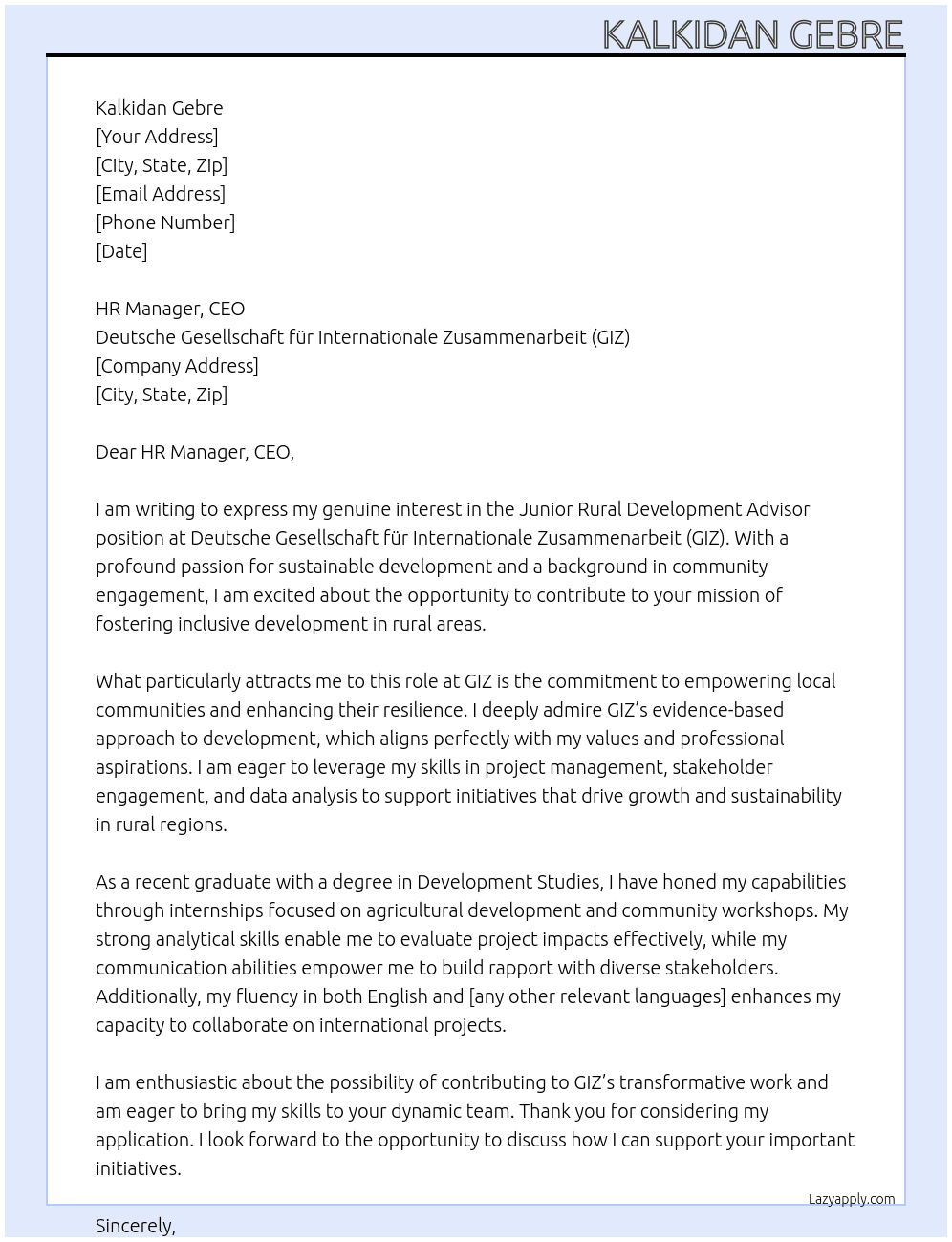 Junior Rural Development Advisor At Deutsche Gesellschaft fur International  Cover Letter