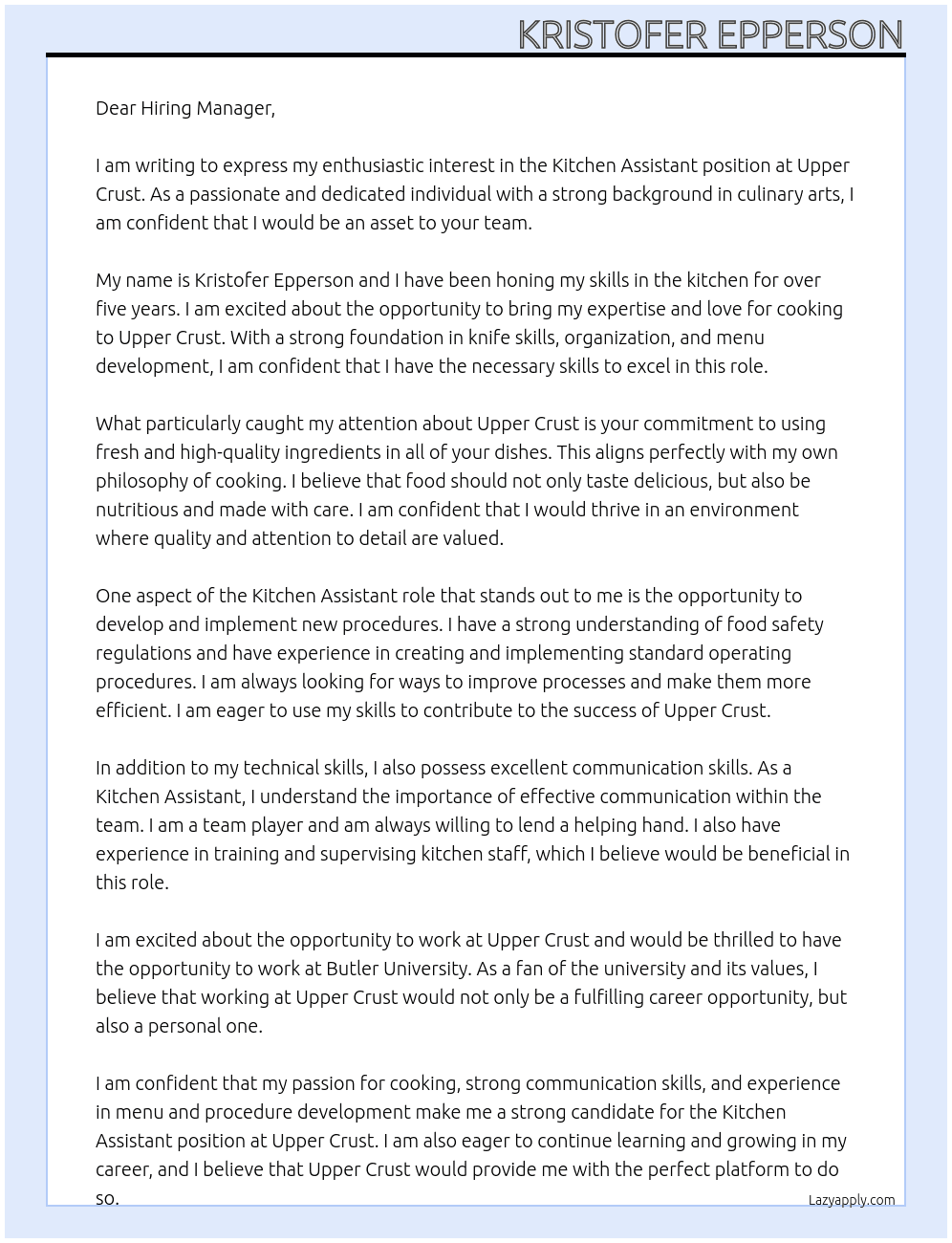 Kitchen Assistant  At Upper Crust Cover Letter