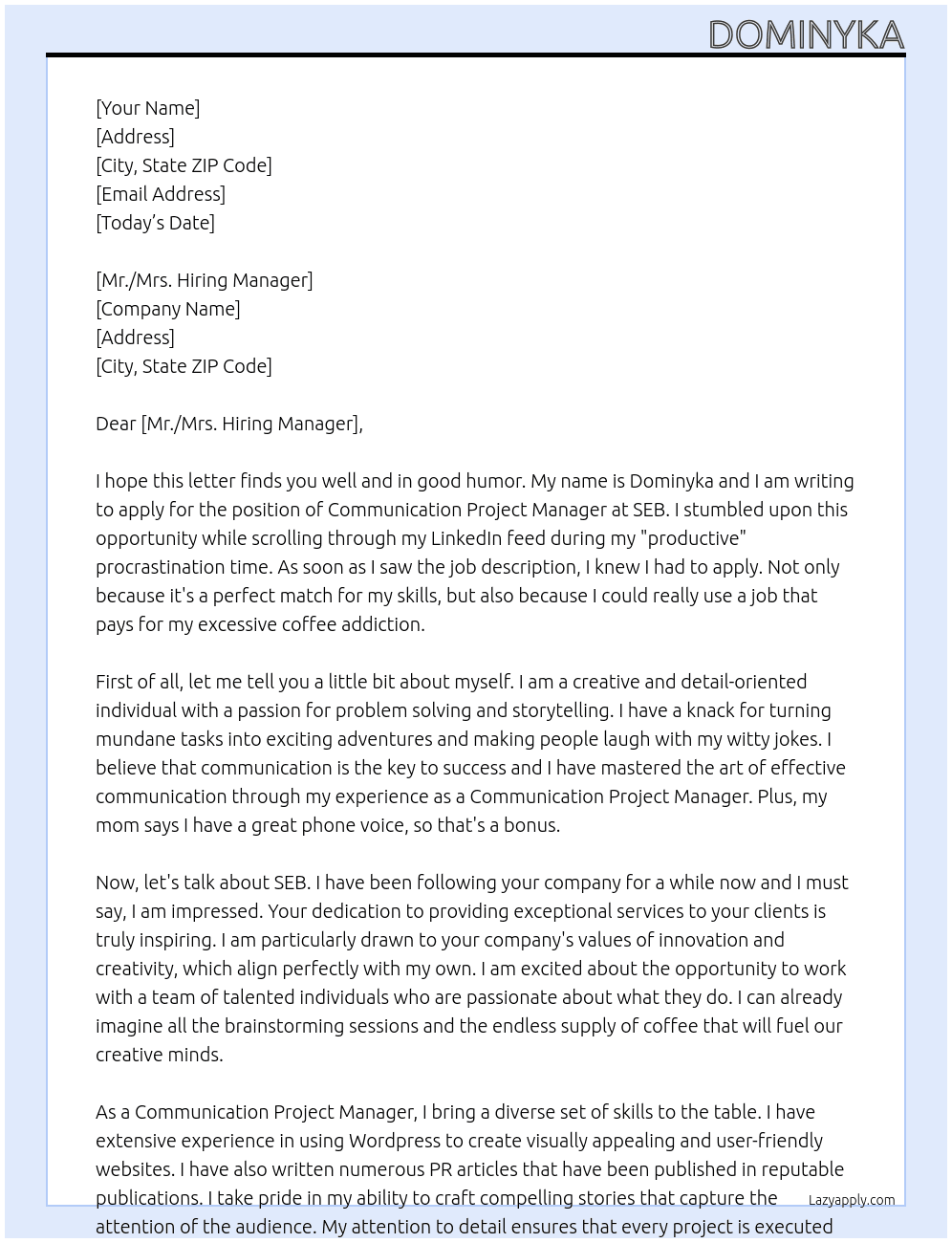 Communication Project Manager At SEB Cover Letter