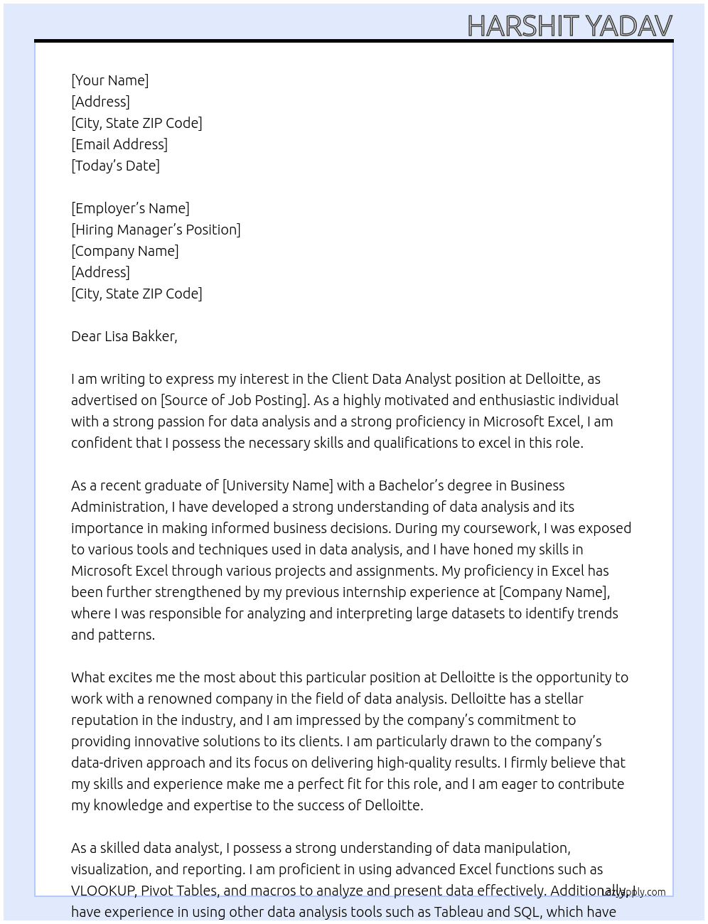 Client Data analyst  At Delloitte  Cover Letter