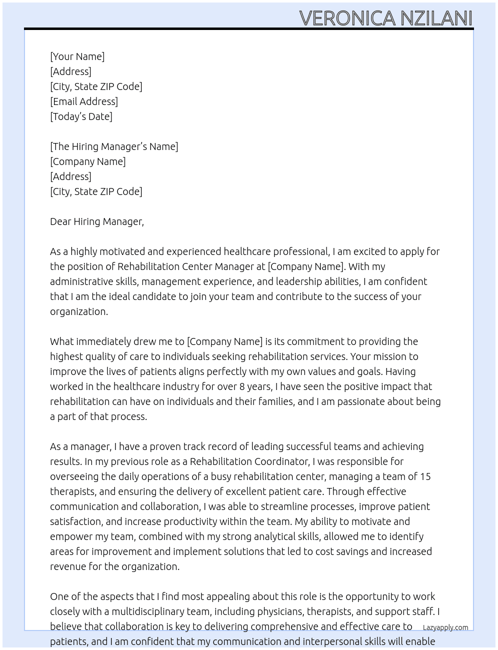 Rehabilitation center manager At Rehabilitation Center Cover Letter