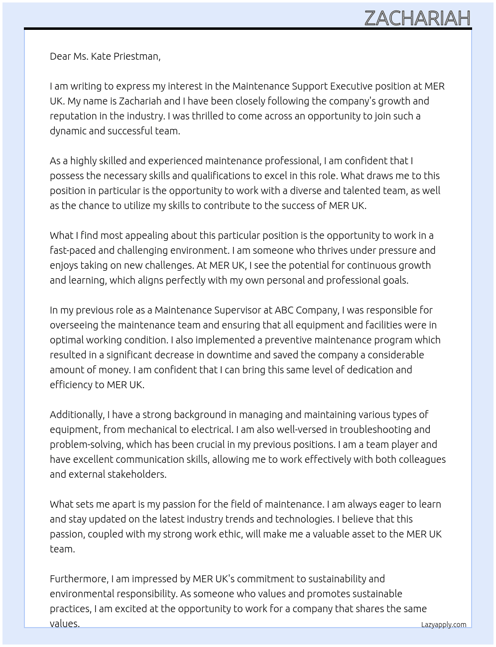 Maintenance Suppprt Executive At MER UK Cover Letter