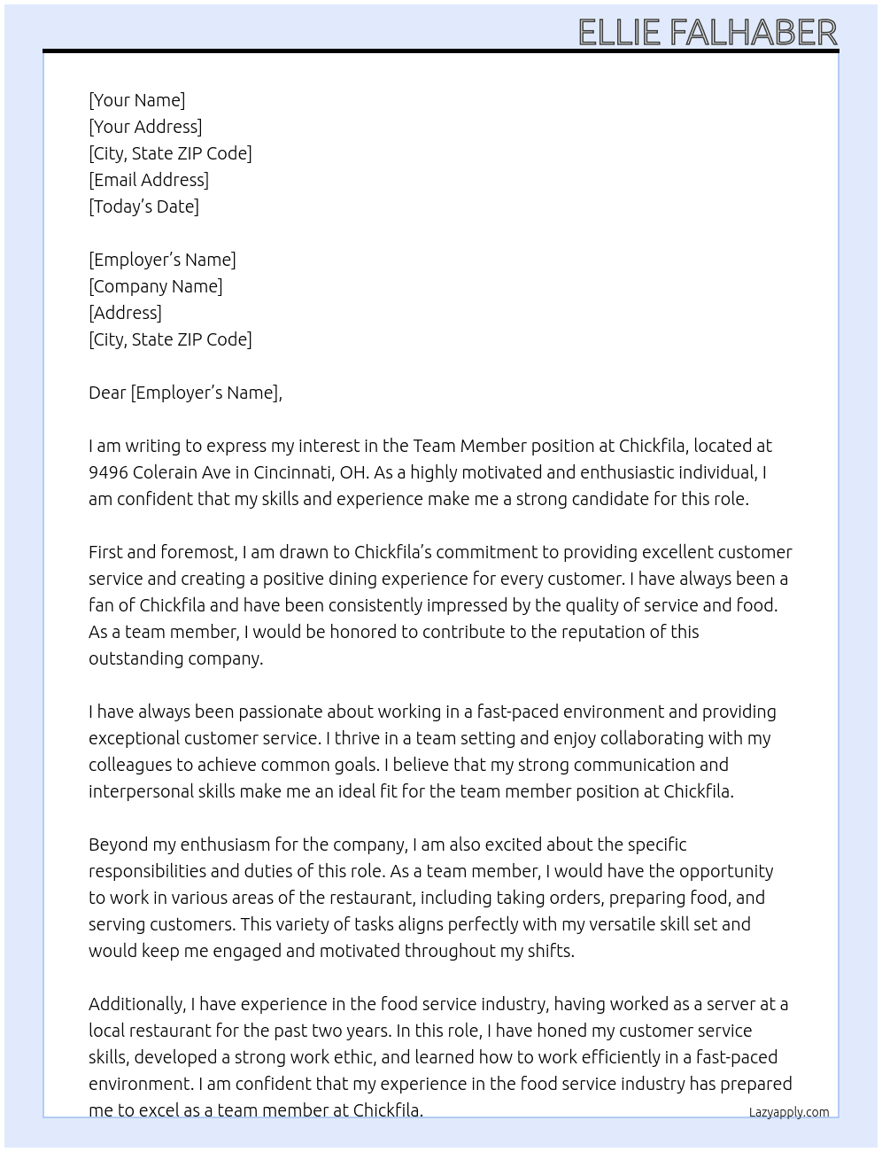 Team Member At Chickfila Cover Letter