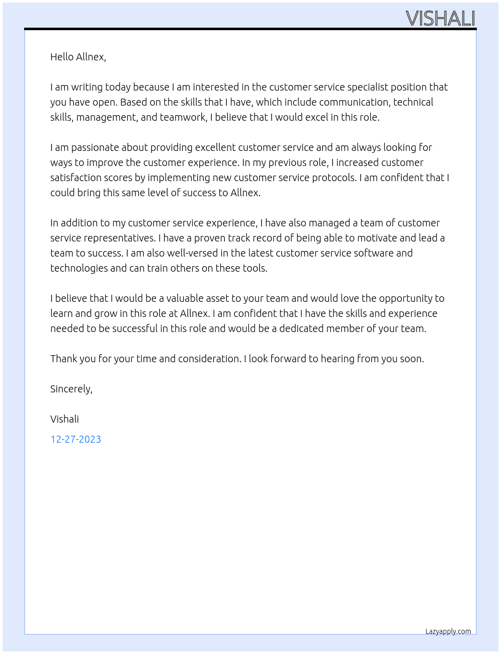 Customer service specialist At Allnex Cover Letter