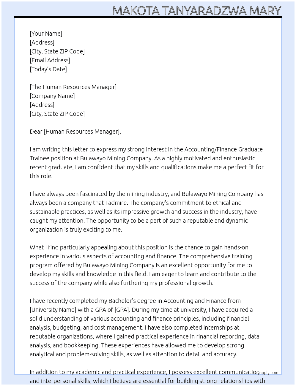 Accounting/ Finance Graduate Trainee At Bulawayo Mining Company  Cover Letter