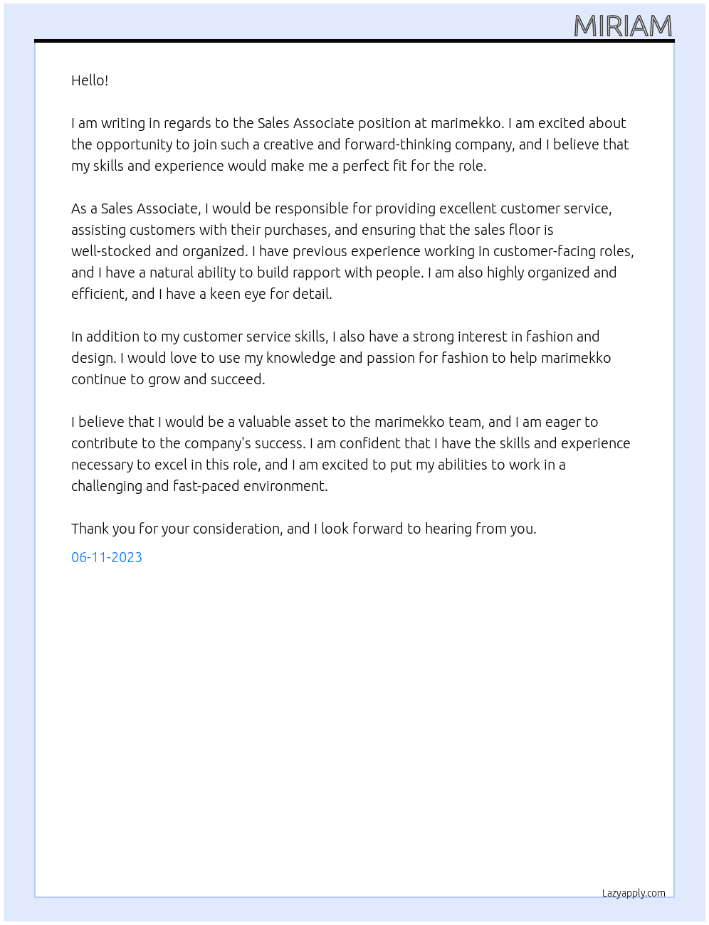 Sales Associate  At marimekko Cover Letter