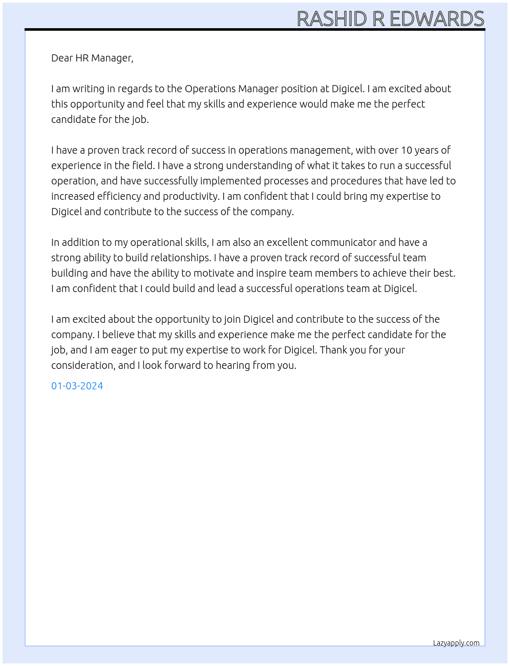 Operations Manager At Digicel Cover Letter