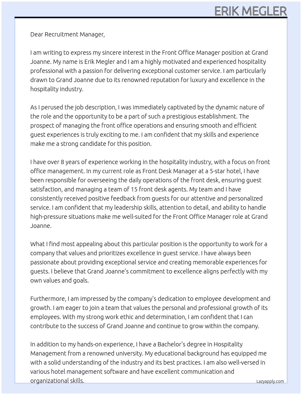 Front Office Manager At Grand Joanne Cover Letter