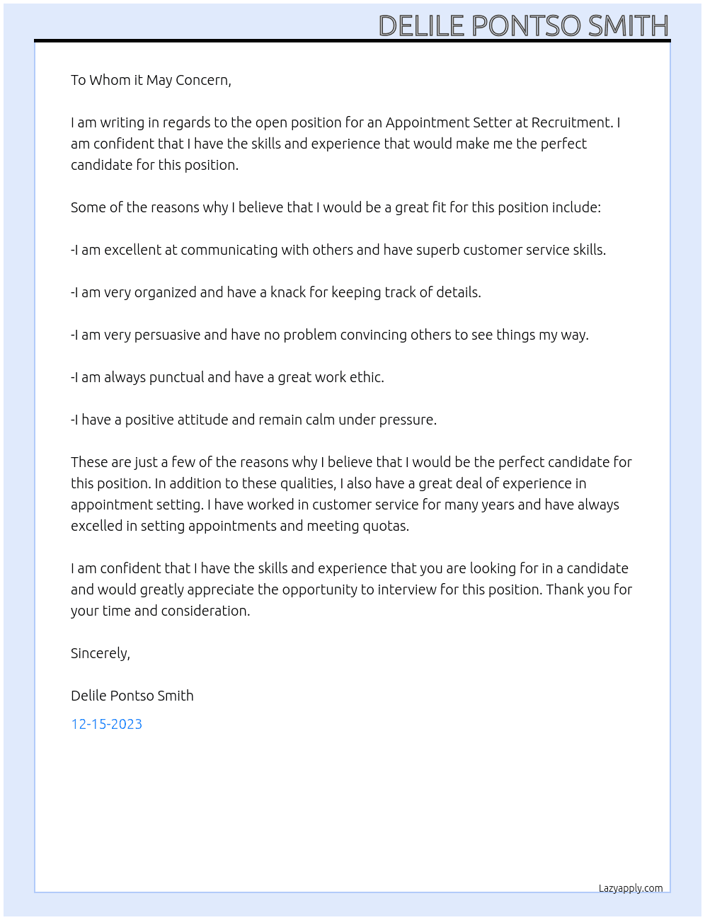 Appointment setter At Recruitment Cover Letter