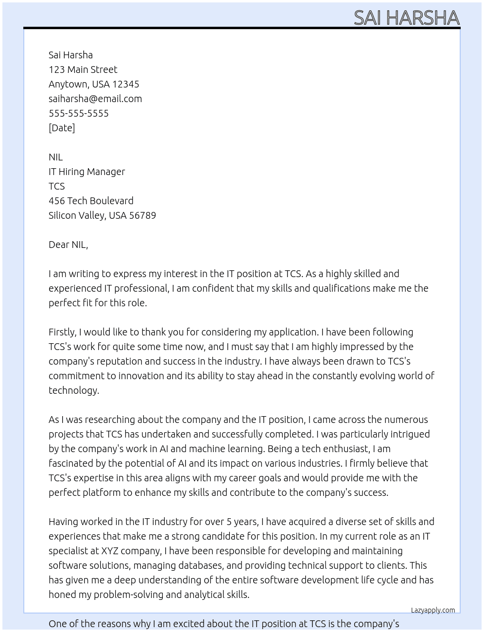 IT At TCS Cover Letter